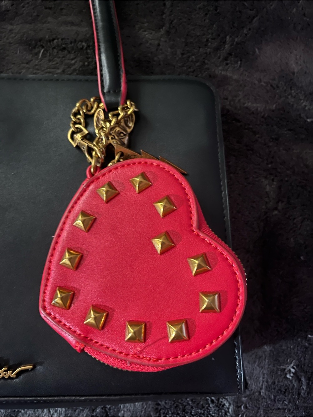 Betsey Johnson Black Frenchie Purse with Red Heart Charm and Gold Accents - Picture 8 of 9